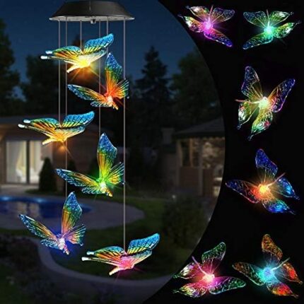 Toodour Solar Wind Chimes, Color Changing Solar Butterfly Wind Chimes, LED Decorative Mobile, Waterproof Solar Outdoor Lights for Patio, Balcony, Window, Garden, for Mom/Grandma