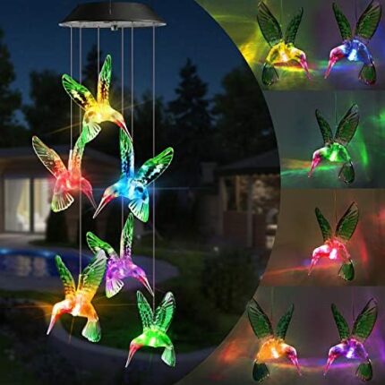 Toodour Solar Wind Chimes, Color Changing Solar Hummingbird Wind Chimes, LED Decorative Mobile, Waterproof Solar Lights Outdoor for Patio, Window, Garden Decor, for Mom/Grandma