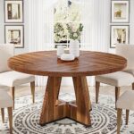 Tribesigns Round Dining Table Wood Kitchen Table for Dining Room Living Room, 47 inch Dining Room Tables for 4 People, Farmhouse Dinner Table with Wooden Table Top and Legs, Rustic Brown(Only Table)