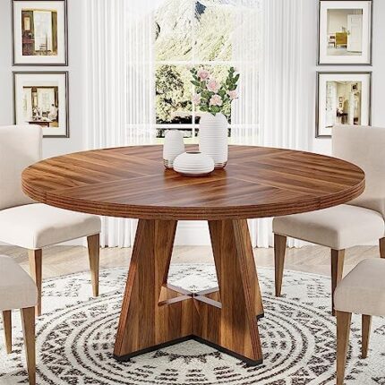 Tribesigns Round Dining Table Wood Kitchen Table for Dining Room Living Room, 47 inch Dining Room Tables for 4 People, Farmhouse Dinner Table with Wooden Table Top and Legs, Rustic Brown(Only Table)