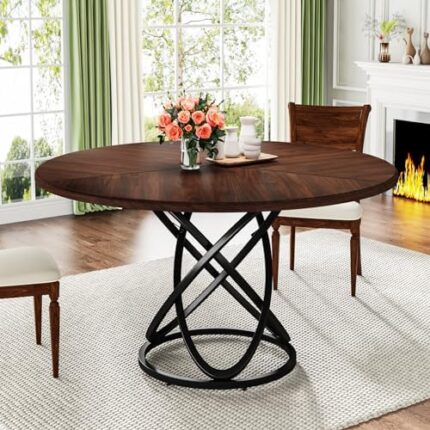 Tribesigns Round Dining Table for 4, 47 Inch Dinner Table Circle Kitchen Table with Metal Base, Wood Dining Room Table Cofee Table for Kitchen, Restaurant, Café, Walnut and Black