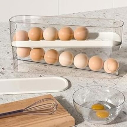 Tumgow Egg Holder for Refrigerator, Space-Saving Egg Dispenser, 2 Tier Automatically Rolling Egg Container, Convenient Egg Storage Tray for Countertop Cabinet, Holds 14 Eggs