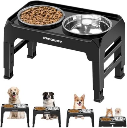 URPOWER Elevated Dog Bowls 4 Height Adjustable Raised Dog Bowl with No Spill Edge 2 Thick 50oz Stainless Steel Dog Food & Water Bowl Non-Slip Dog Bowl Stand for Small Medium Large Dogs and Pets