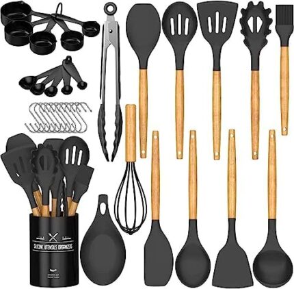 Umite Chef Kitchen Cooking Utensils Set, 33 pcs Non-Stick Utensils Spatula Set with Holder, Black Wooden Handle Silicone Kitchen Gadgets