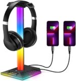 Upgraded RGB Gaming Headphones Stand, Headset Stand with 3.5mm AUX and 2 USB Charging Ports, Headphone Holder with 10 Light Modes and Memory Feature for Gamers PC Earphone Accessories Desk