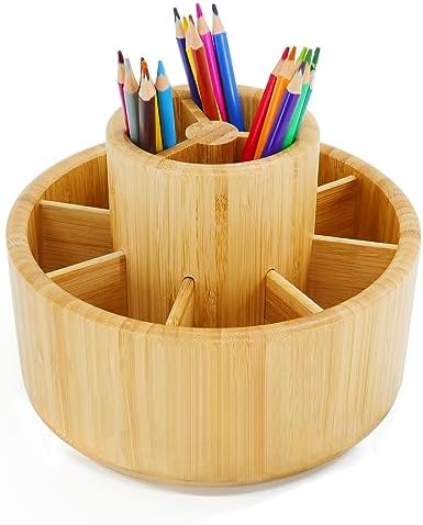 Utoplike Bamboo Rotating Art Supply Desk Organizer, Pencil Holder Organizer for Desk, Desktop Storage Caddy for Pen, Colored Pencil, Crayon, Paint Brushes,Art Studio&Office