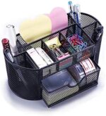 VANRA Metal Mesh Desk Supply Caddy Desktop Office Supplies Organizer Supply Holder 8 Compartments with Drawer (Black)