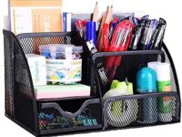 VANRA Office Supply Caddy Metal Mesh Desktop Supplies Organizer School Supply Holder Stuff Storage Organizer 6 Compartments with Drawer (Black)