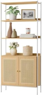 VASAGLE 6-Tier Bookcase, Bookshelf with Rattan-Like Door, Boho Style, Freestanding 30.1-Inch Wide Storage Shelf, Metal Frame, Adjustable Shelf, for Living Room, Oak Beige and Pearl White ULLS124W57