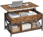 VASAGLE Lift Top Coffee Table for Living Room, Industrial Coffee Table with Hidden Compartments and Storage Shelf, 19.7 x 39.4 x (19.3-24.4) Inches, Rustic Brown and Black ULCT202B01