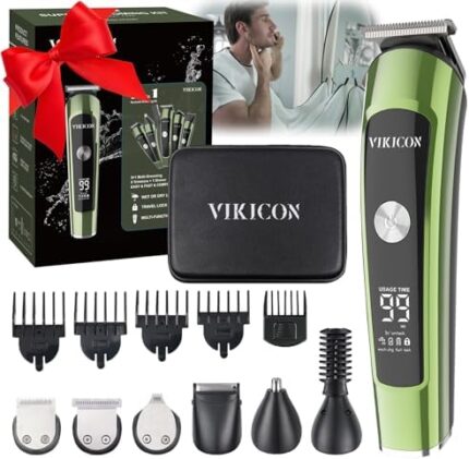 VIKICON Men's Beard Trimmer: All-in-One Beard Grooming Kit, Cordless Hair Clippers Electric Razor for Men, IPX7 Waterproof Mustache Shaver for Face, Nose & Body Grooming – Gift for Men w/Travel Case