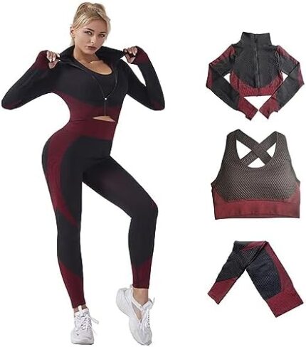 Veriliss 3pcs Seamless Outfit Workout Sets Gym for Women, Fitness Sports School Running Clothes Yoga Sportswear