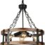 Voguad Farmhouse Rustic Wood Chandelier, 4-Light Industrial Drum Chandelier for Dining Room Vintage Pendant Hanging Light Fixture with Black Metal Accent for Kitchen Living Room Dining Area