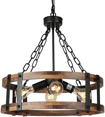 Voguad Farmhouse Rustic Wood Chandelier, 4-Light Industrial Drum Chandelier for Dining Room Vintage Pendant Hanging Light Fixture with Black Metal Accent for Kitchen Living Room Dining Area