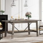 WAMPAT Farmhouse Dining Room Table for 6 Person, 67.7 Inch Rectangular Wood Modern Kitchen Table with Metal Decor and Footrest, Rustic Grey