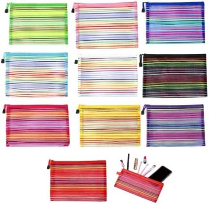 WUERKIYA 10 Pieces A4 File Pouch, Mesh Zipper Pouch, Zipper Pencil Pouch, Zipper Pouch Multi-Purpose Travel Mesh Pouch/Stationery Pouch Office Supplies, 10 Colors