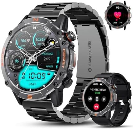 WalkerFit Smart Watch for Men: AMOLED Display,60 Days Extra-Long Battery, Waterproof Rugged Military Smart Watch, Tactical Smartwatch for Health Monitor, Andriod SmartWatch Men, Stainless Steel