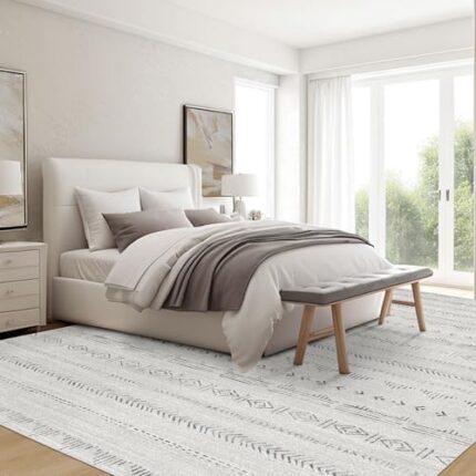 Washable 5x7 Rugs Bedoom, Deerly Moroccan Farmhouse 5 x 7 Rug with Non-Slip Backing, Soft Low Pile Indoor Floor Carpet Boho Neutral Area Rug for Living Room Home Office Decor, Light Grey