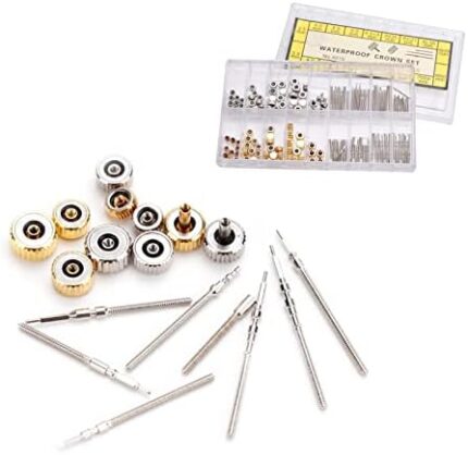 Watch Crown, Stainless Steel Watch Crown Spring Bar Set Watch Repairing Tool Accessory Watch Repair Kit Watch Stem Extender Crowns Accessory Repairing Replacement Tool Kit with Box