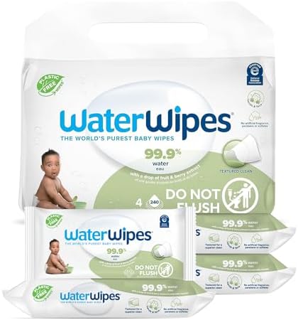 WaterWipes Plastic-Free Textured Clean, Toddler & Baby Wipes, 99.9% Water Based Wipes, Unscented & Hypoallergenic for Sensitive Skin, 240 Count (4 packs), Packaging May Vary