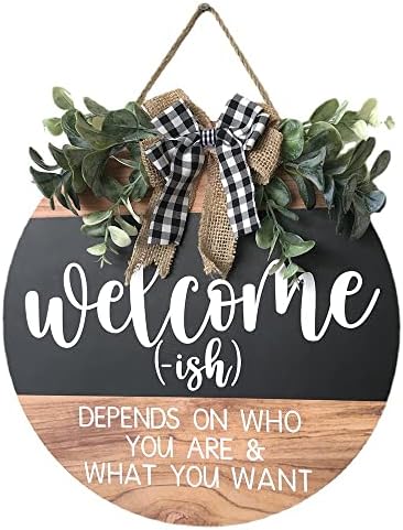 Welcome Sign Front for Door Decoration, 12 in Round Wood Wreaths Wall Hanging Outdoor, Farmhouse, Porch, for Spring Summer Fall All Seasons Holiday Christmas (Wreaths-A)…