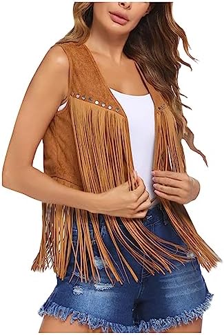 Western Fringe Vest Top Womens Classic Suede Leather 70s Cowboy Shirt Sleeveless Open Front Tassel Jacket Short Gilet