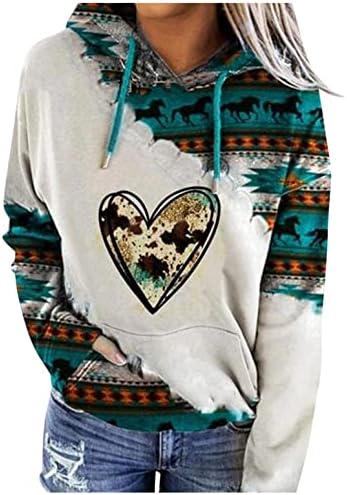 Western Hoodies for Women Pullover Aztec Print Oversized Pockets Hooded Jacket Long Sleeve Sweatshirt Streetwear Y2k Graphic