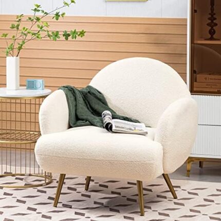 White Accent Sherpa Chair for Living Room Bedroom Reading Comfy Modern Armchair with Golden Metal Legs Mid-Century Sofa Chair