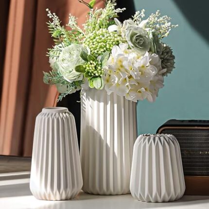 White Ceramic Vases -Set of 3 Flower Vase for Modern Home Decor,Nordic Minimalism Style for Wedding Party Bedroom Office Entryway Living Room & Bathroom Shelf Decor Centerpiece Table Decorations