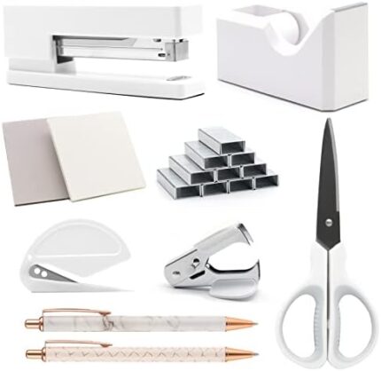 White Office Supplies, Shellvcase White Desk Accessories, Stapler and Tape Dispenser Set for Women with Stapler, Tape Dispenser, Staple Remover, Staples, Clips, Scissor and Pens for Students