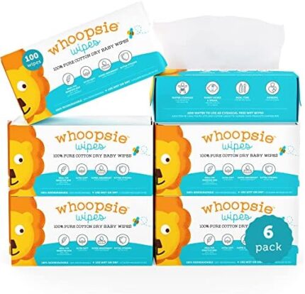 Whoopsie Wipes | Ultra-Soft - 100% Pure Cotton Dry Baby Wipes | Use Wet or Dry | Soft & Sensitive | Extra Strong & Absorbent (6 Pack - 600 Count)