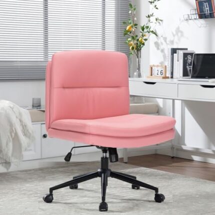 Wide Office Chair Armless Home Office Desk Chair Vanity Chair 120° Rocking Mid Back Ergonomic Computer Chair Task Chair Fabric Padded Swivel Chair (Pink Leather)