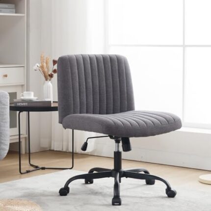 Wide Office Chair with Wheels Armless Desk Chair No Arm Fabric Vanity Chair Swivel Home Office Desk Chair 120°Rocking Mid Back Ergonomic Computer Chair for Make Up (Dark Gray with Wheels)