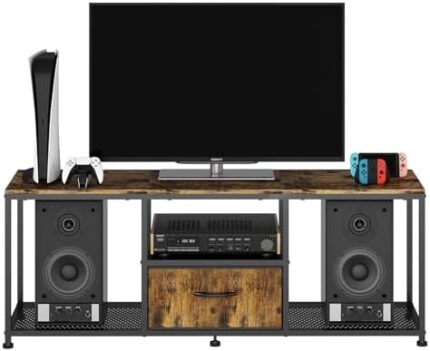 Wisdom Star TV Stand with Storage Cabinet,Entertainment Television Cabinet Center for TV up to 50 inch, Open Storage Shelves for Living Room,Bedroom, Metal,Rustic Brown