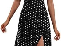 Women Spaghetti Strap Midi Dress Casual Summer Sexy Cami Dresses Polka Dot Print Trendy Slit Sundress Vacation Sun Dresses