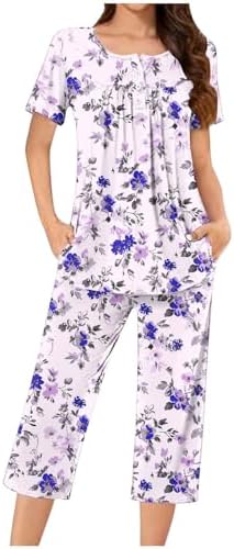 Womens 2 Piece Pajama Set Short Sleeve Shirt and Capri Pants Lounge Sets Loose Floral Print Sleepwear with Pocket