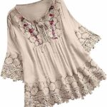 Women's Boho Plus Size Tops Floral Lace Crochet V Neck Shirts 3/4 Sleeve Summer Oversized Blouse Loose Fit Tunics Top