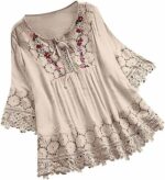 Women's Boho Plus Size Tops Floral Lace Crochet V Neck Shirts 3/4 Sleeve Summer Oversized Blouse Loose Fit Tunics Top