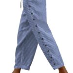 Womens Capris Casual Striped Drawstring High Waist Beachwear Pants Loose Side Button Down Straight Leg Capri