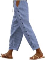 Womens Capris Casual Striped Drawstring High Waist Beachwear Pants Loose Side Button Down Straight Leg Capri