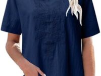 Women's Cotton Linen Blouses Summer Short Sleeve Henley Shirts Button Down V Neck Casual Work Tops Tunics