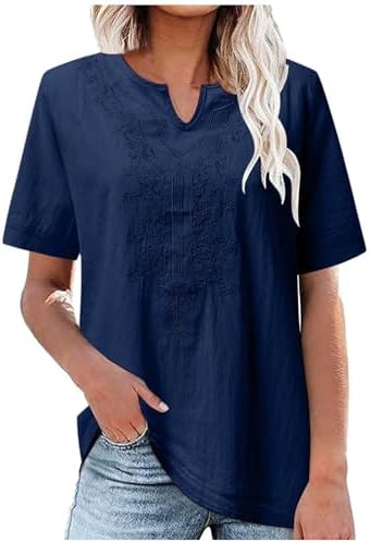 Women's Cotton Linen Blouses Summer Short Sleeve Henley Shirts Button Down V Neck Casual Work Tops Tunics