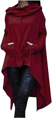 Womens Cowl Neck Sweatshirts Thumb Hole Long Sleeve Pullover Tunic Top High Low Irregular Hem Hoodies with Pockets