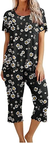 Women's Loungewear 2 Piece Pajamas Sets Floral Print Short Sleeve Tops with Capri Pants Sleepwear Outfits Soft Pjs