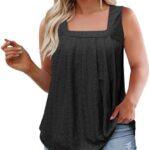 Womens Plus Size Tank Tops Summer Sleeveless Loose Fit Pleated Shirts Square Neck Tunics Eyelet Flowy Tees