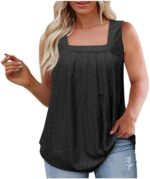 Womens Plus Size Tank Tops Summer Sleeveless Loose Fit Pleated Shirts Square Neck Tunics Eyelet Flowy Tees