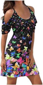 Womens Summer Dresses Sexy Cold Shoulder Floral Flowy T-Shirt Dress 2024 Vacation Beach Tunic Cover Up Dress Loose Sundresses