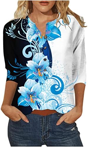 Womens Tops Spring Floral Printed Ethnic Style Boho Summer Blouses 2024 3/4 Sleeve Blouses & Button-Down Shirts Tops Elegant