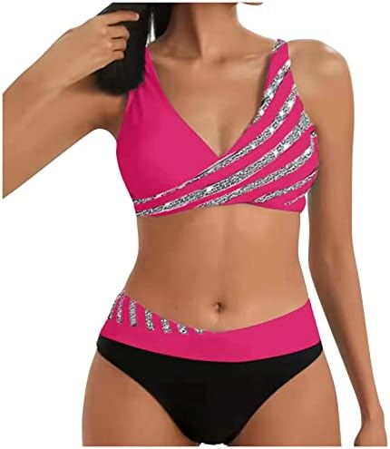 Womens Two Piece High Waisted Bikini Set Sporty Swimsuits Bathing Suit with Bottom for Teen Girls, Ladie Front Cross Swimwear