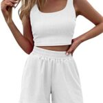 Womens Two Piece Lounge Sets Summer Workout Outfits Ribbed Knit Tank Tops and High Waist Shorts Tracksuit Matching Suit